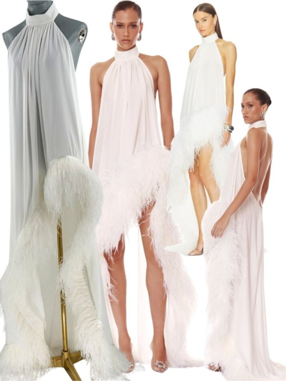 🆕 BRONX & BANCO 🧿 NWOT Madeline Halterneck Feathered Gown, White - Sz S US 4